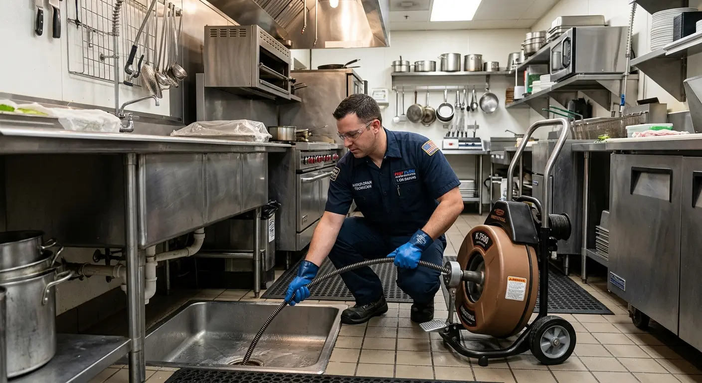 Commercial drain cleaning service in a restaurant kitchen in Carthage