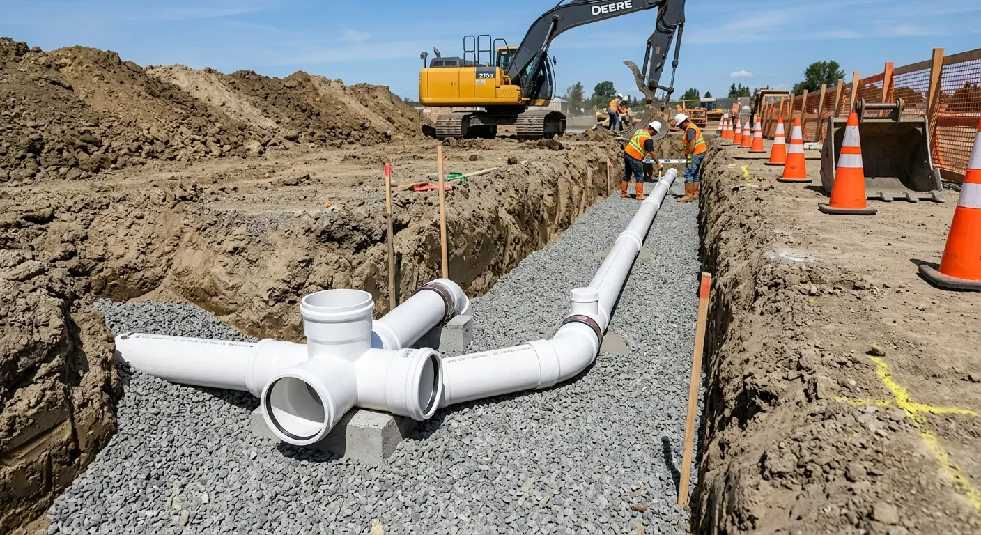 New PVC sewer pipe installation in open trench for Commercial Drain Cleaning in Carthage